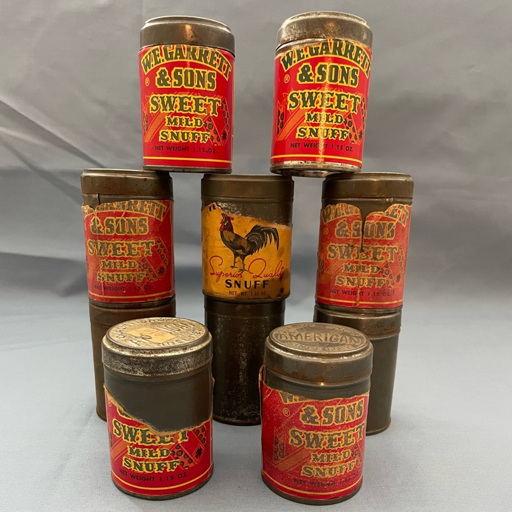Vintage Snuff Tin Collection Lot of 10 
Garrett & Sons (8) Tube Rose (1) Rooster